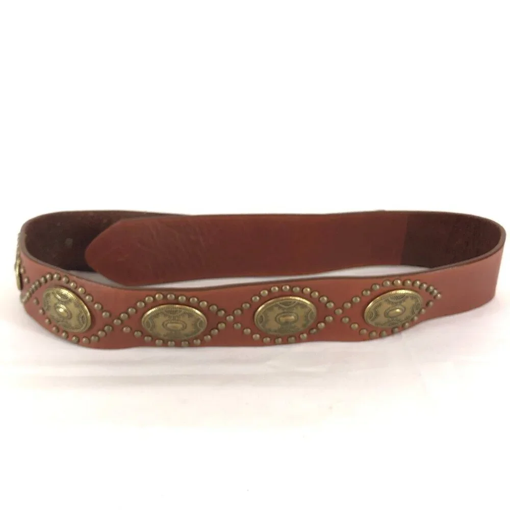 Brown Genuine Leather Belt With Gold Tone Emblems And Studs Size Small